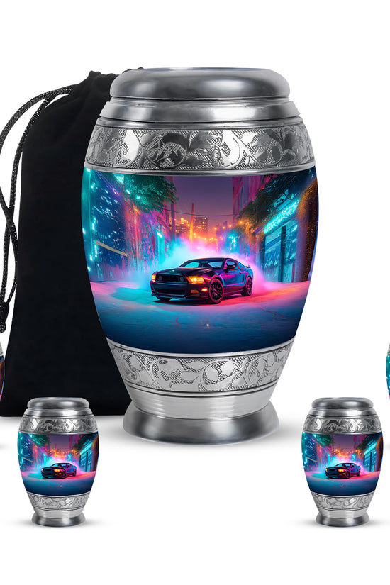 Serene Blue Car Cremation Urn detail view - majestic car pattern with filigree border - memorial set with one large and four small urns