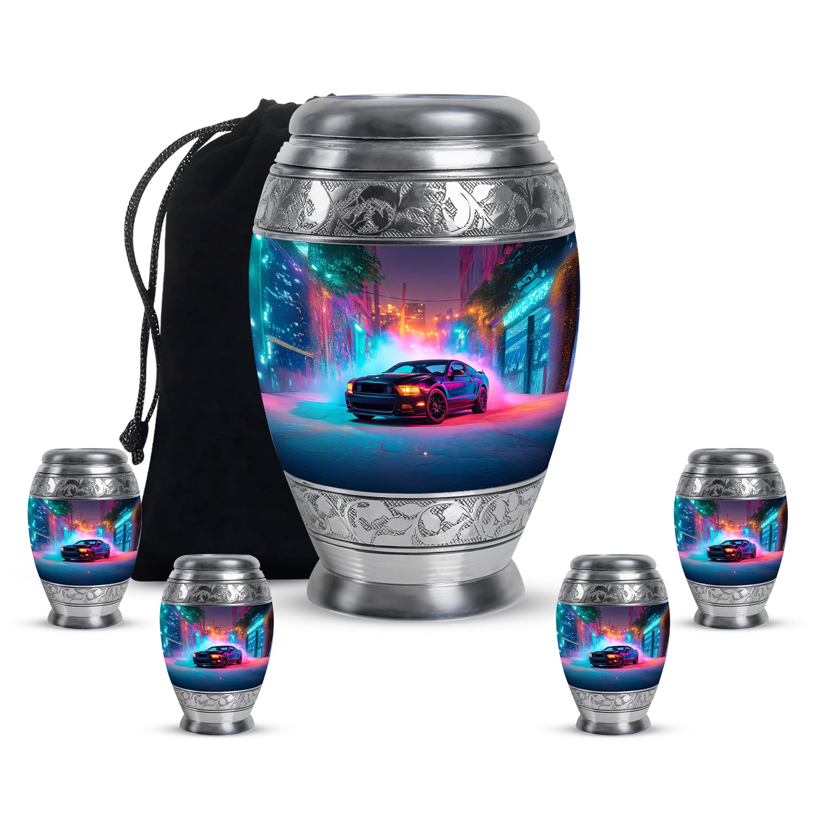 Serene Blue Car Cremation Urn detail view - majestic car pattern with filigree border - memorial set with one large and four small urns