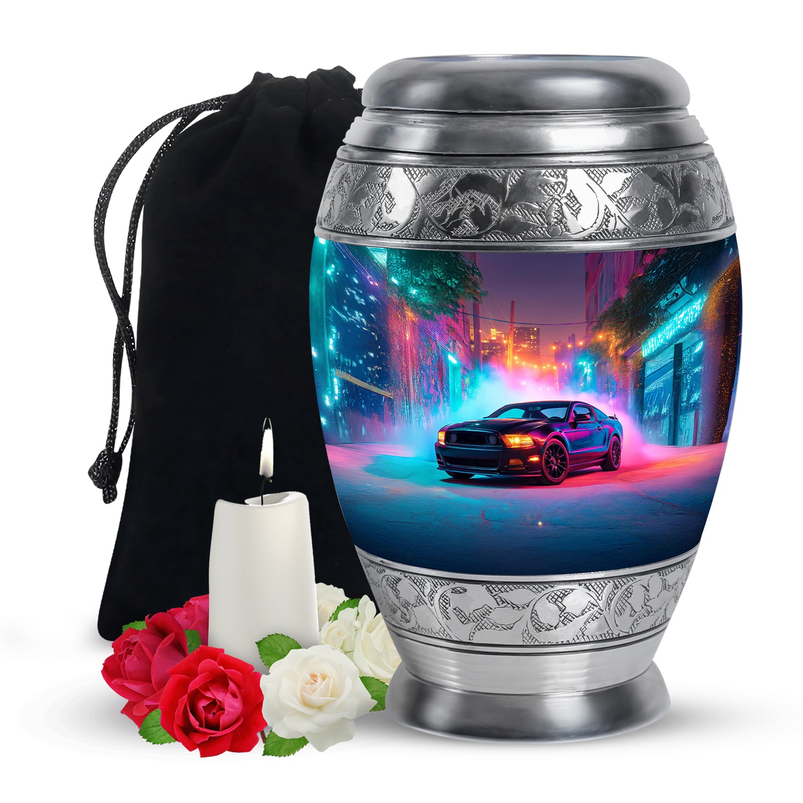 Sapphire Blue Car Cremation Urn back view with polished surface - royal car engraving with decorative scrollwork - full-size 10 inch 200 cubic inch adult cremation urn