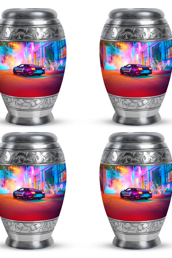 Plum Purple Car Cremation Urn urn with complimentary velvet bag - regal car design with crown-inspired accents - 10 inch aluminum urn for cremated remains