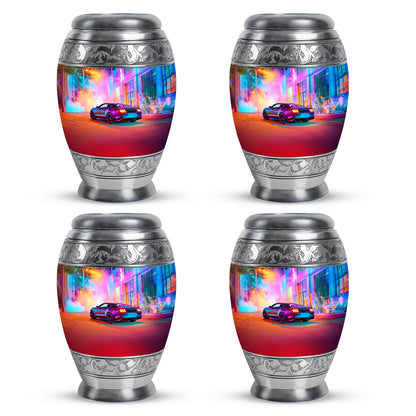Plum Purple Car Cremation Urn urn with complimentary velvet bag - regal car design with crown-inspired accents - 10 inch aluminum urn for cremated remains