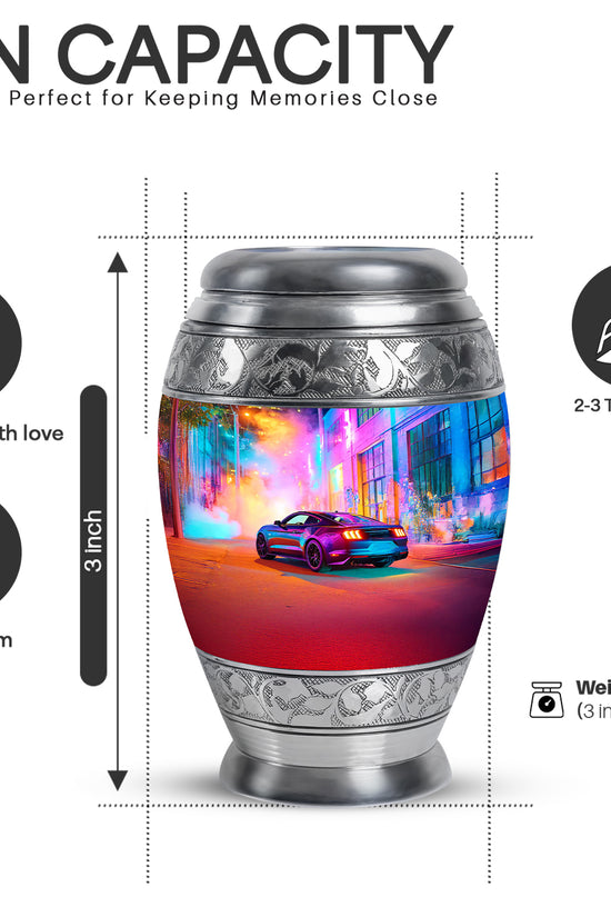 Deep Purple Car Cremation Urn lifestyle display on memorial shelf - ornate monarch-style car relief on brushed aluminum - mini keepsake memorial for portion of cremation ashes