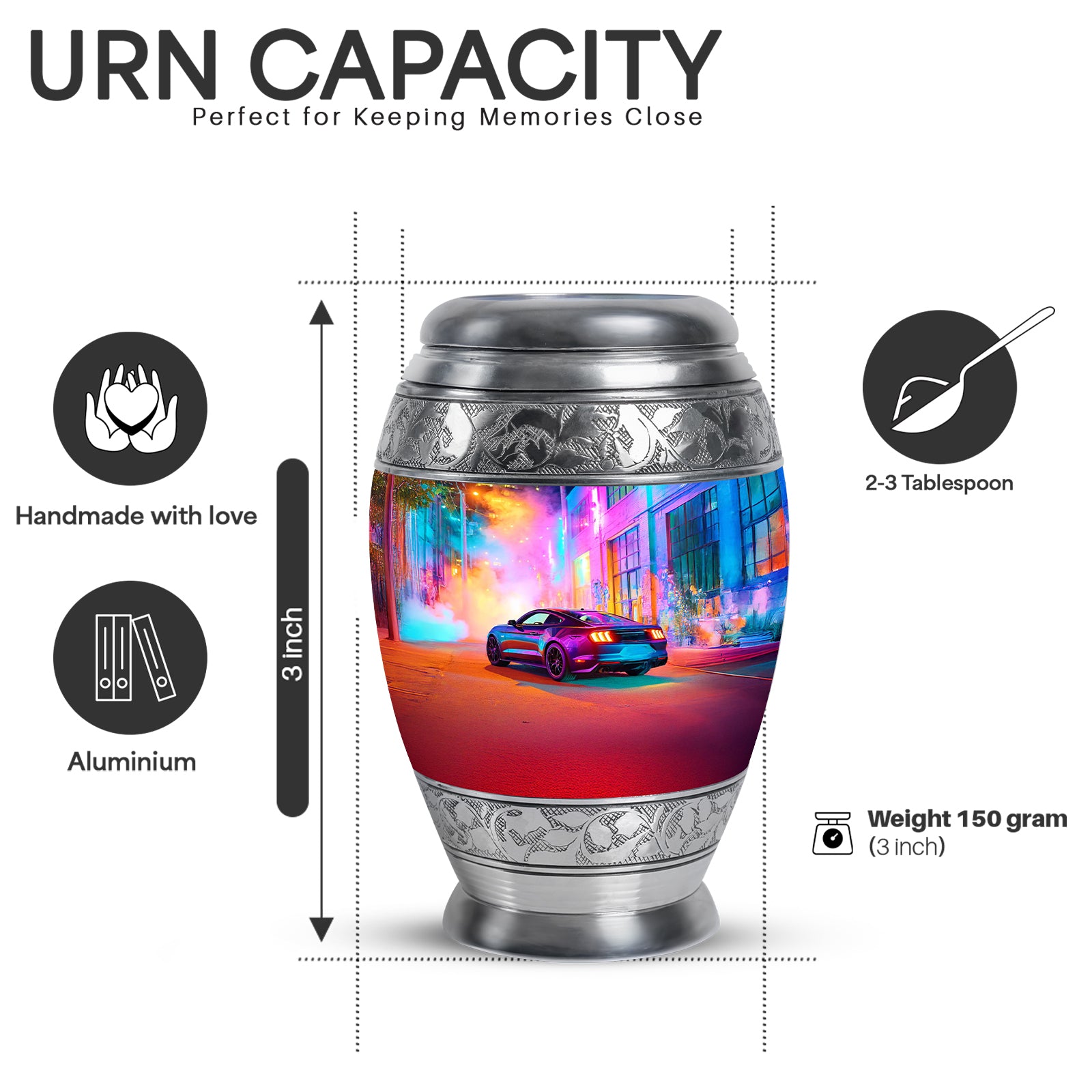 Deep Purple Car Cremation Urn lifestyle display on memorial shelf - ornate monarch-style car relief on brushed aluminum - mini keepsake memorial for portion of cremation ashes