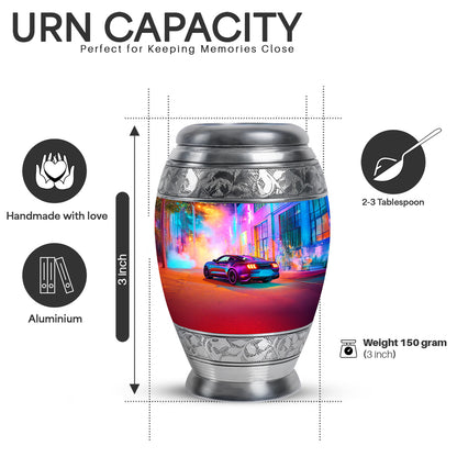Deep Purple Car Cremation Urn lifestyle display on memorial shelf - ornate monarch-style car relief on brushed aluminum - mini keepsake memorial for portion of cremation ashes