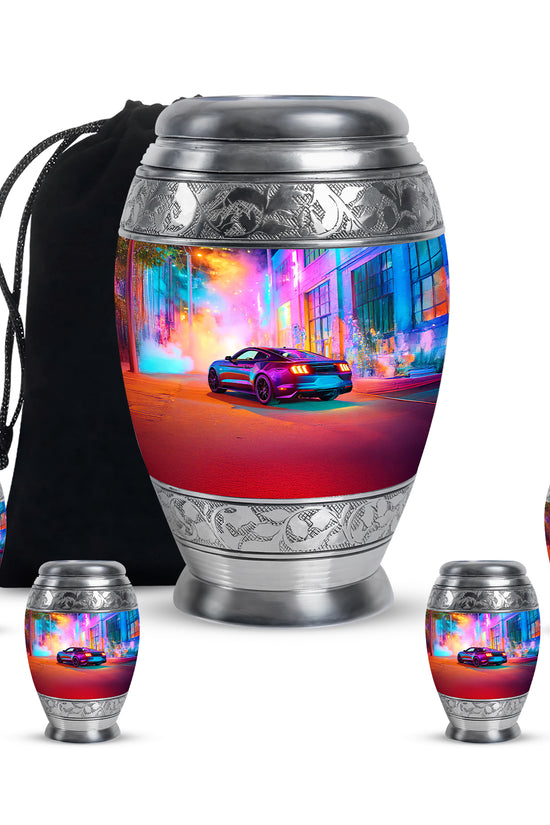 Majestic Purple Car Cremation Urn detail view - regal car design with crown-inspired accents - memorial set with one large and four small urns