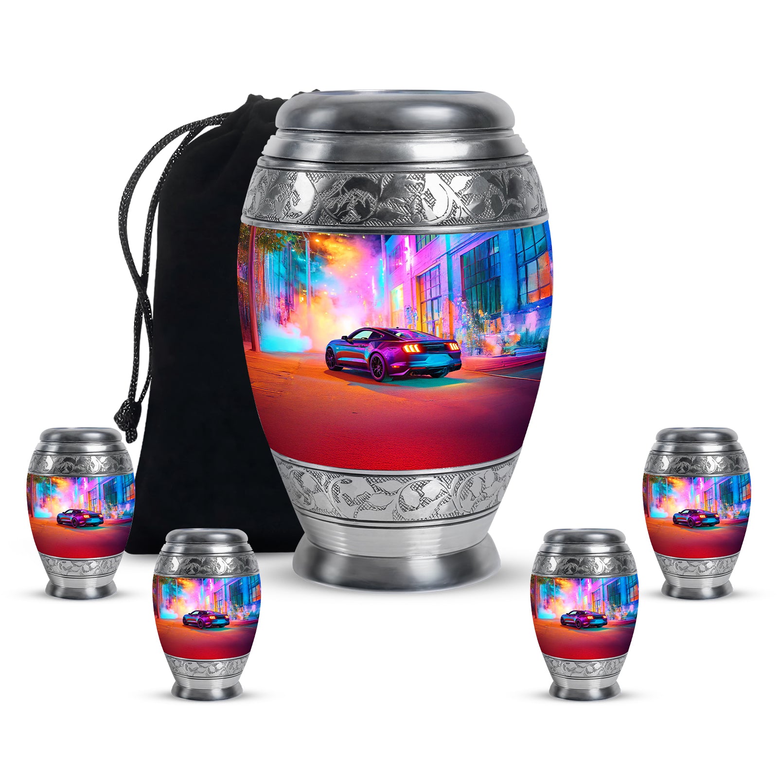Majestic Purple Car Cremation Urn detail view - regal car design with crown-inspired accents - memorial set with one large and four small urns