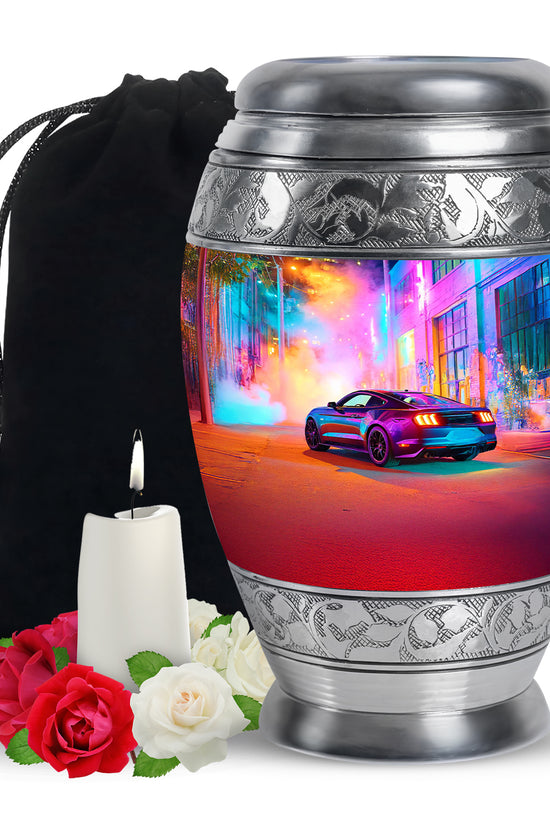 Majestic Purple Car Cremation Urn back view with polished surface - regal car design with crown-inspired accents - full-size 10 inch 200 cubic inch adult cremation urn