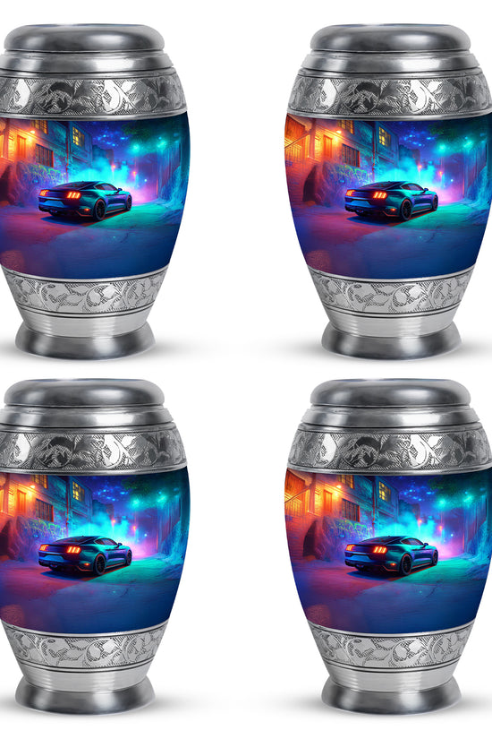 Celestial Blue Car Cremation Urn urn with complimentary velvet bag - regal car design with crown-inspired accents - 10 inch aluminum urn for cremated remains