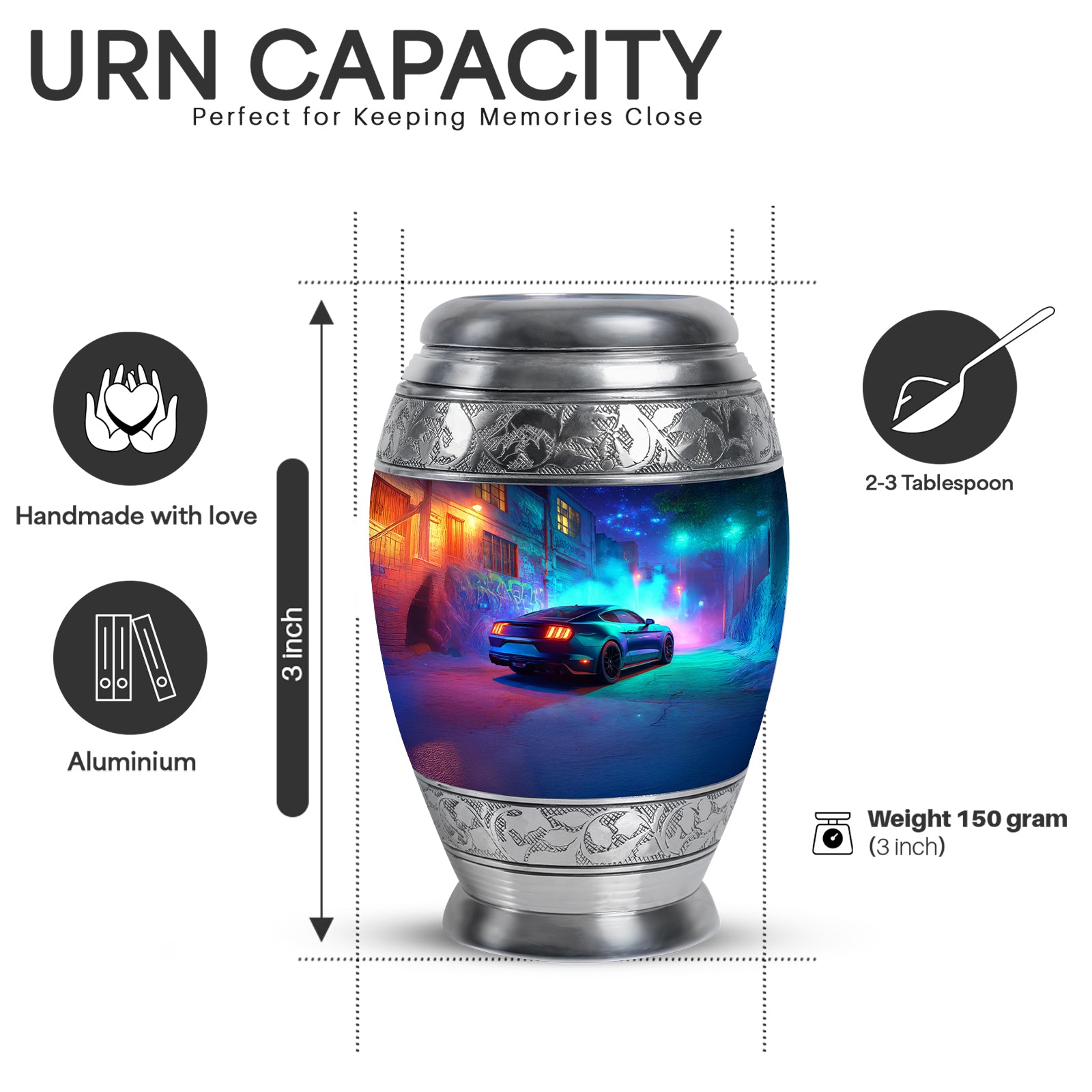 Icy Blue Car Cremation Urn lifestyle display on memorial shelf - ornate monarch-style car relief on brushed aluminum - mini keepsake memorial for portion of cremation ashes