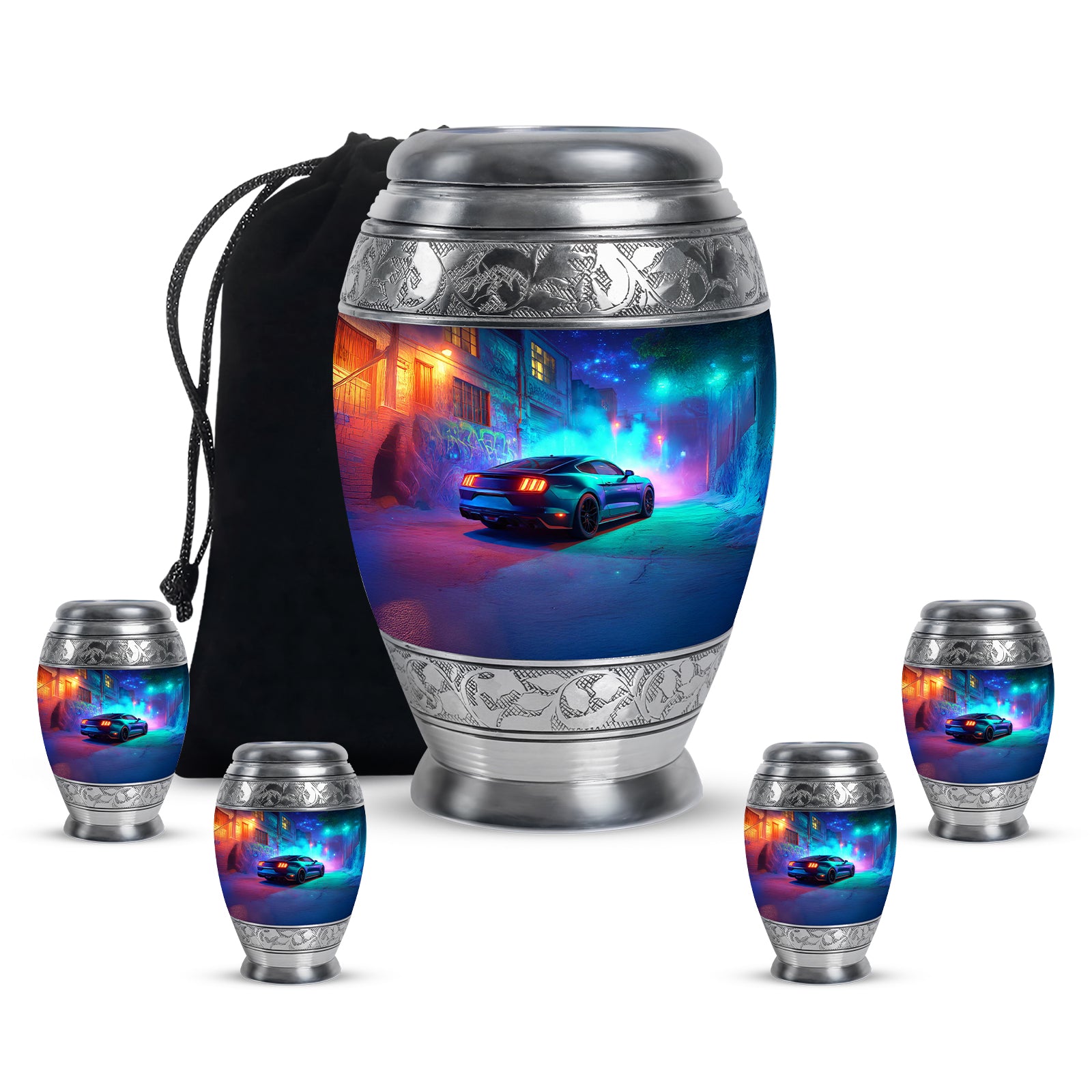 Pastel Blue Car Cremation Urn detail view - ornate monarch-style car relief on brushed aluminum - memorial set with one large and four small urns