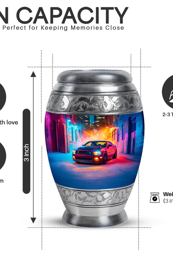 Twilight Purple Car Cremation Urn lifestyle display on memorial shelf - majestic car pattern with filigree border - mini keepsake memorial for portion of cremation ashes