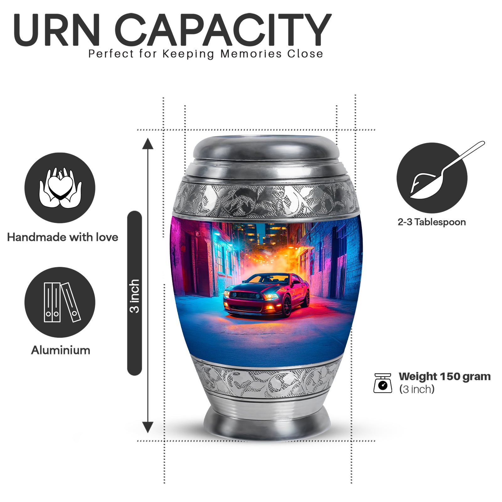 Twilight Purple Car Cremation Urn lifestyle display on memorial shelf - majestic car pattern with filigree border - mini keepsake memorial for portion of cremation ashes
