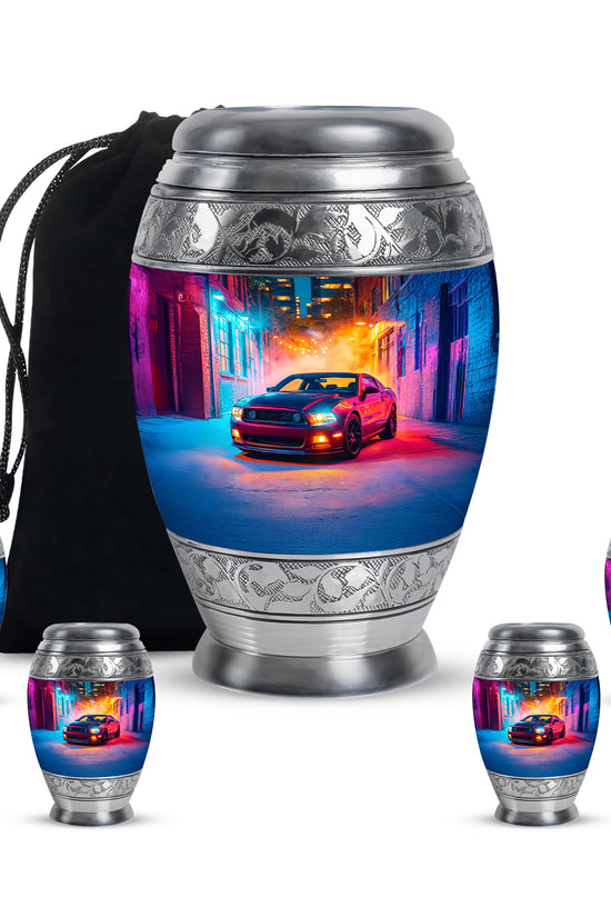 Violet Purple Car Cremation Urn detail view - royal car engraving with decorative scrollwork - memorial set with one large and four small urns