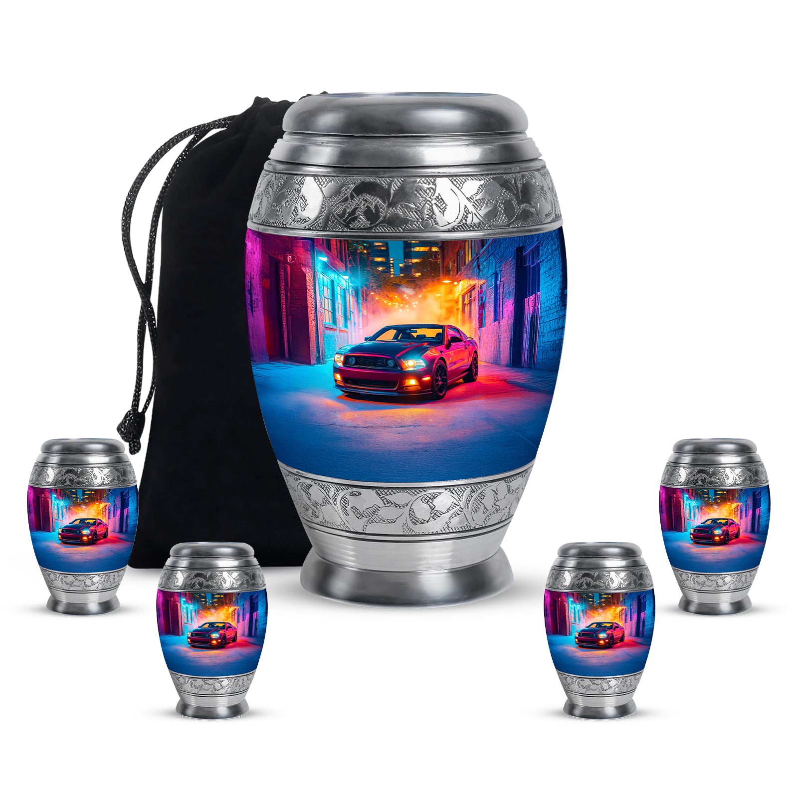 Violet Purple Car Cremation Urn detail view - royal car engraving with decorative scrollwork - memorial set with one large and four small urns