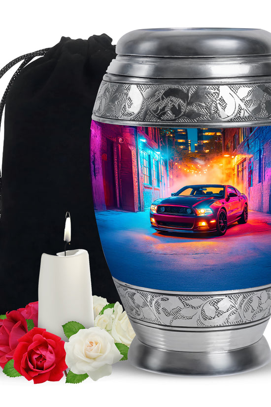 Orchid Purple Car Cremation Urn back view with polished surface - regal car design with crown-inspired accents - full-size 10 inch 200 cubic inch adult cremation urn