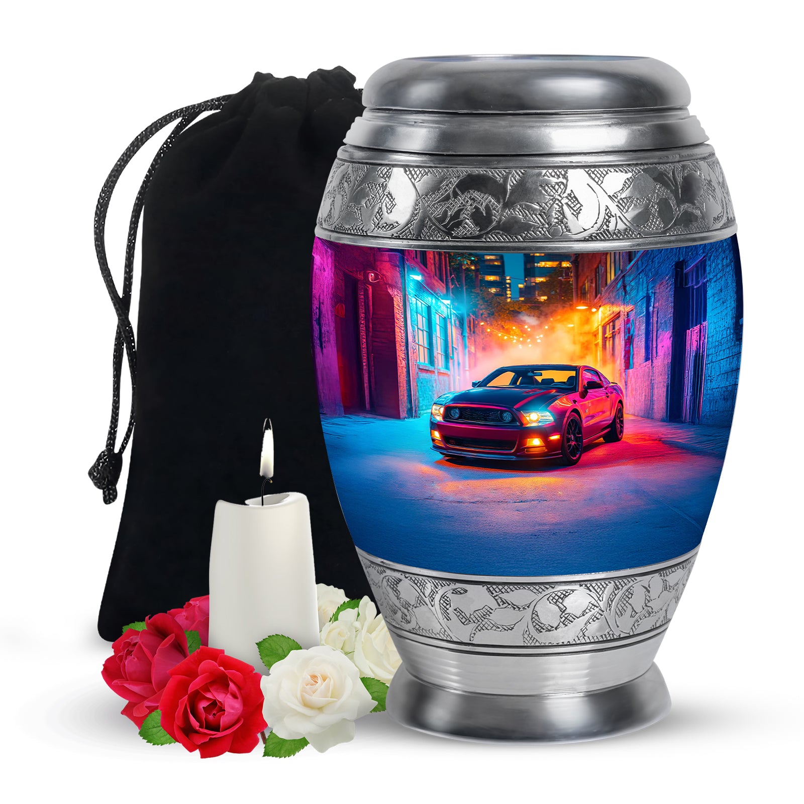 Orchid Purple Car Cremation Urn back view with polished surface - regal car design with crown-inspired accents - full-size 10 inch 200 cubic inch adult cremation urn