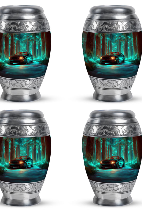 Soft Teal Car Cremation Urn urn with complimentary velvet bag - regal car design with crown-inspired accents - 10 inch aluminum urn for cremated remains