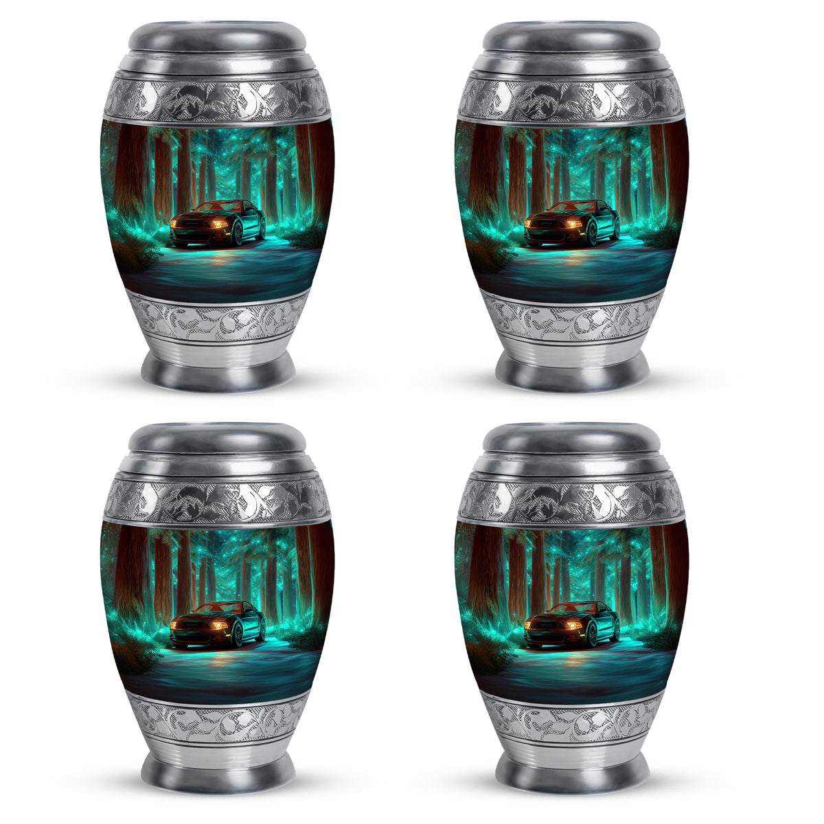 Soft Teal Car Cremation Urn urn with complimentary velvet bag - regal car design with crown-inspired accents - 10 inch aluminum urn for cremated remains