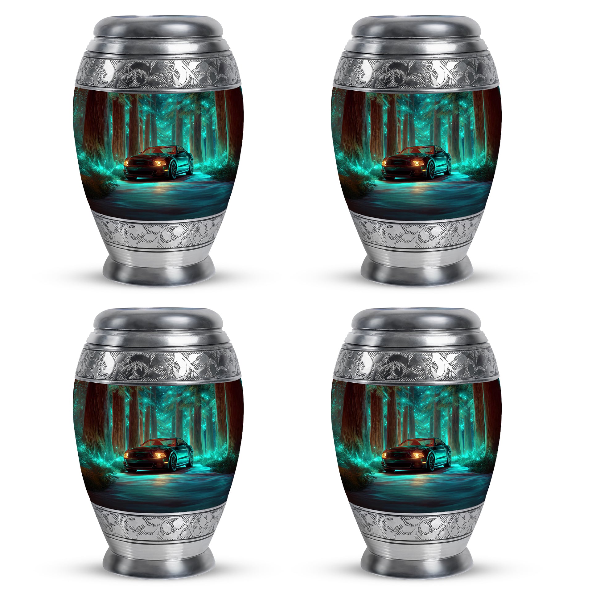Soft Teal Car Cremation Urn urn with complimentary velvet bag - regal car design with crown-inspired accents - 10 inch aluminum urn for cremated remains