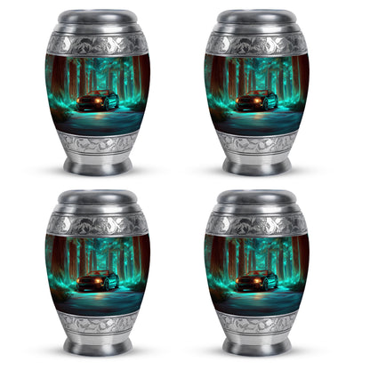 Soft Teal Car Cremation Urn urn with complimentary velvet bag - regal car design with crown-inspired accents - 10 inch aluminum urn for cremated remains