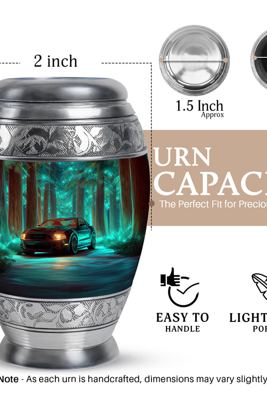 Mystic Teal Car Cremation Urn lifestyle display on memorial shelf - majestic car pattern with filigree border - mini keepsake memorial for portion of cremation ashes