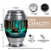 Mystic Teal Car Cremation Urn lifestyle display on memorial shelf - majestic car pattern with filigree border - mini keepsake memorial for portion of cremation ashes