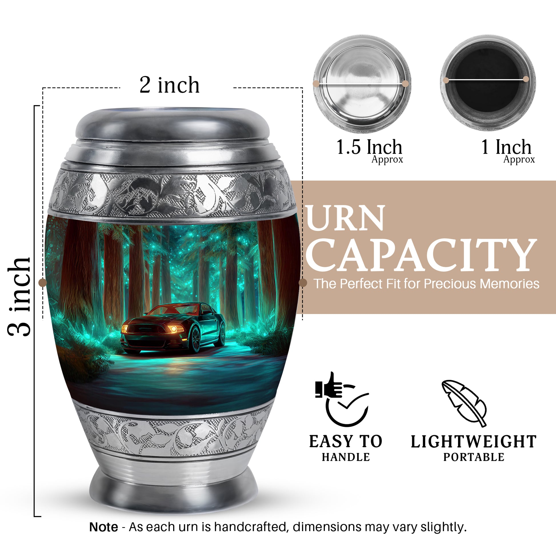 Mystic Teal Car Cremation Urn lifestyle display on memorial shelf - majestic car pattern with filigree border - mini keepsake memorial for portion of cremation ashes