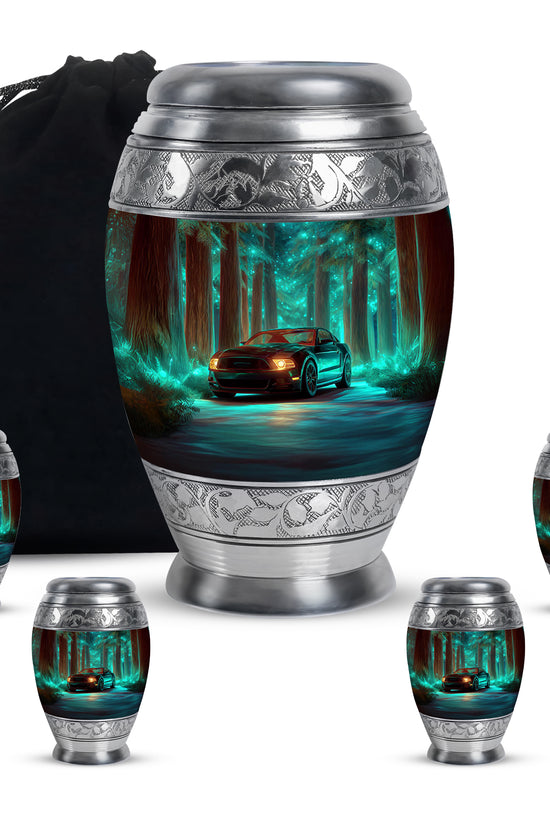Tropical Teal Car Cremation Urn detail view - majestic car pattern with filigree border - memorial set with one large and four small urns