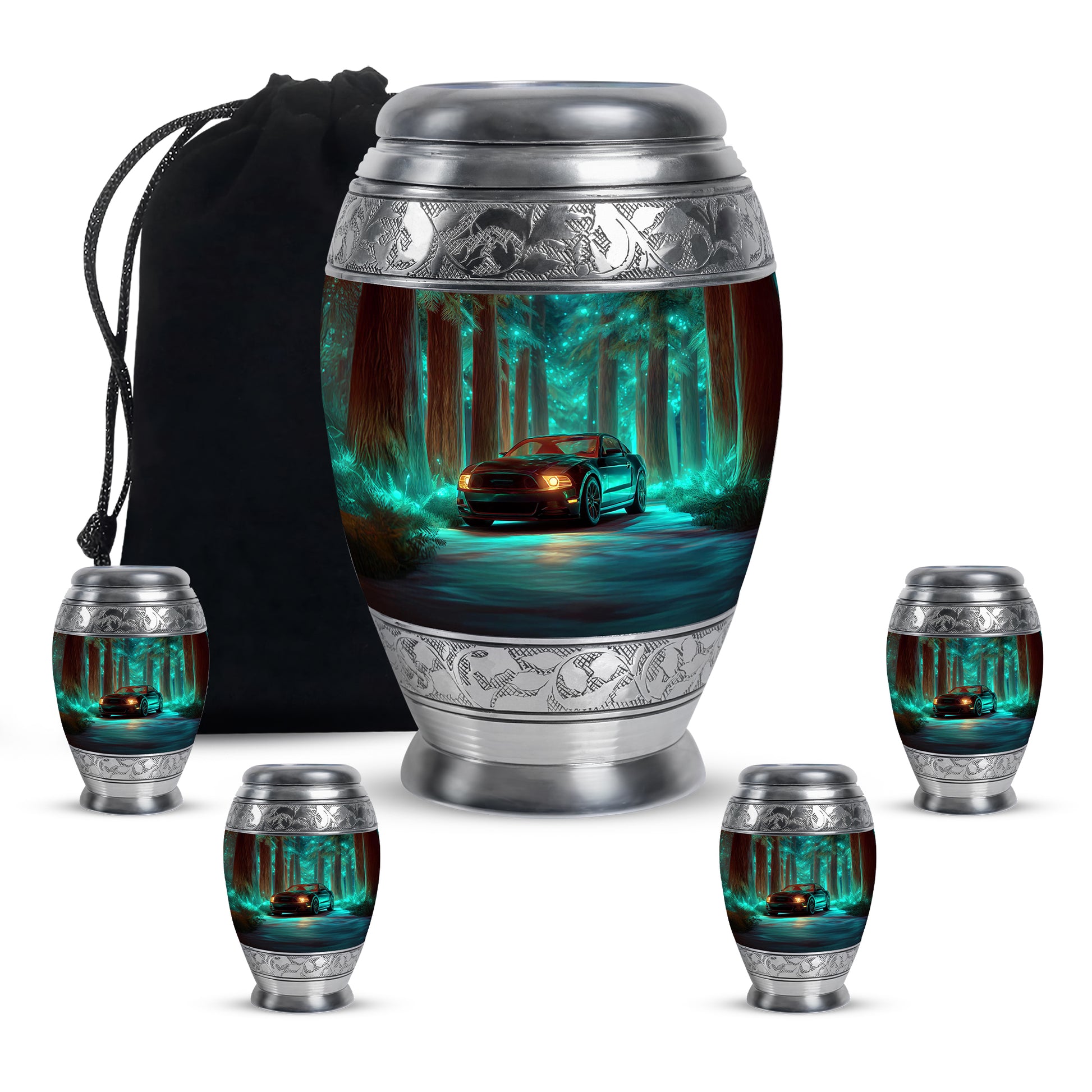 Tropical Teal Car Cremation Urn detail view - majestic car pattern with filigree border - memorial set with one large and four small urns