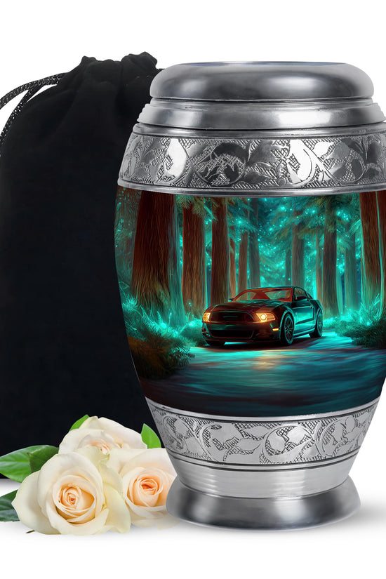 Mystic Teal Car Cremation Urn back view with polished surface - majestic car pattern with filigree border - full-size 10 inch 200 cubic inch adult cremation urn