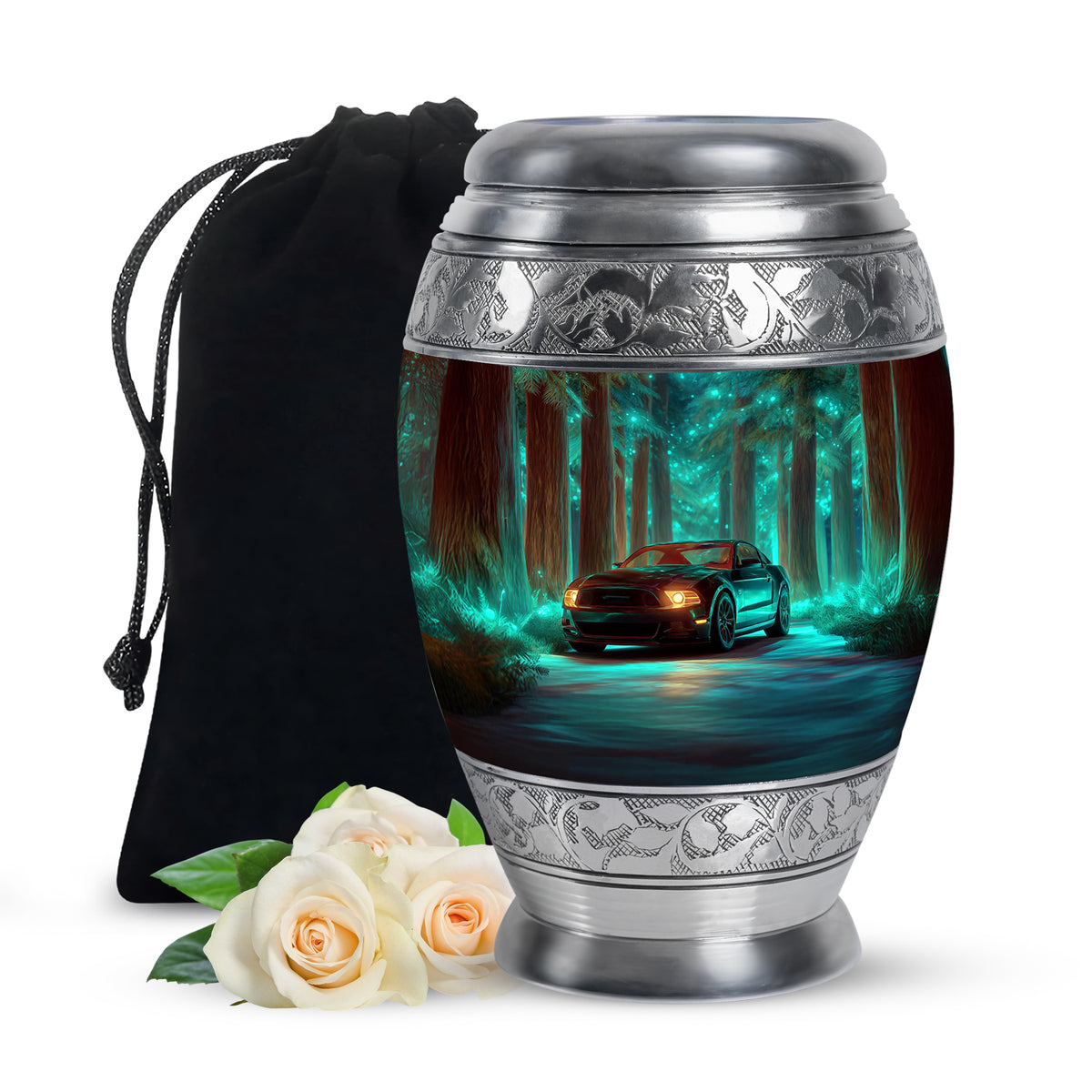 Mystic Teal Car Cremation Urn back view with polished surface - majestic car pattern with filigree border - full-size 10 inch 200 cubic inch adult cremation urn