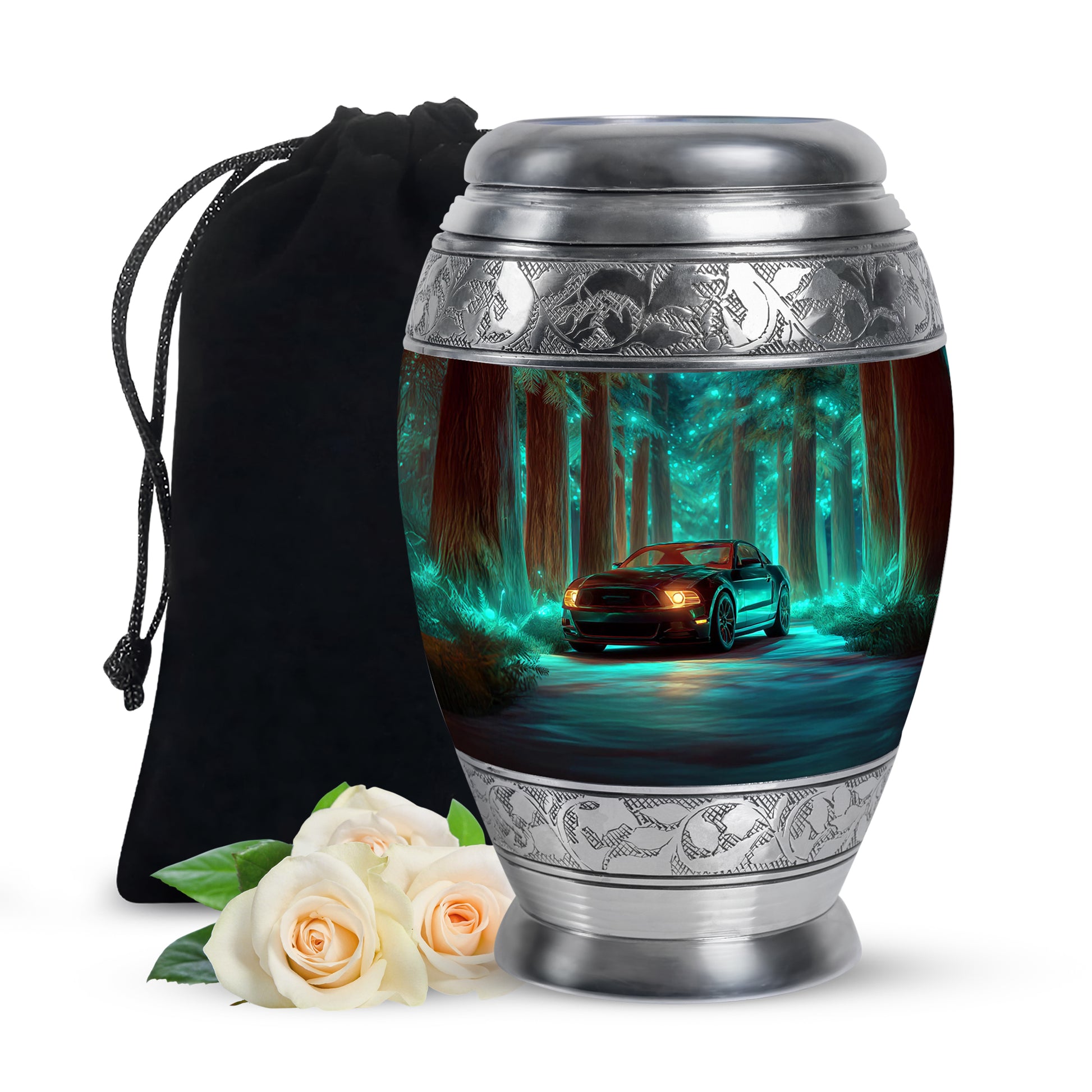 Mystic Teal Car Cremation Urn back view with polished surface - majestic car pattern with filigree border - full-size 10 inch 200 cubic inch adult cremation urn