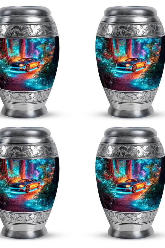 Slate Blue Car Cremation Urn urn with complimentary velvet bag - ornate monarch-style car relief on brushed aluminum - 10 inch aluminum urn for cremated remains