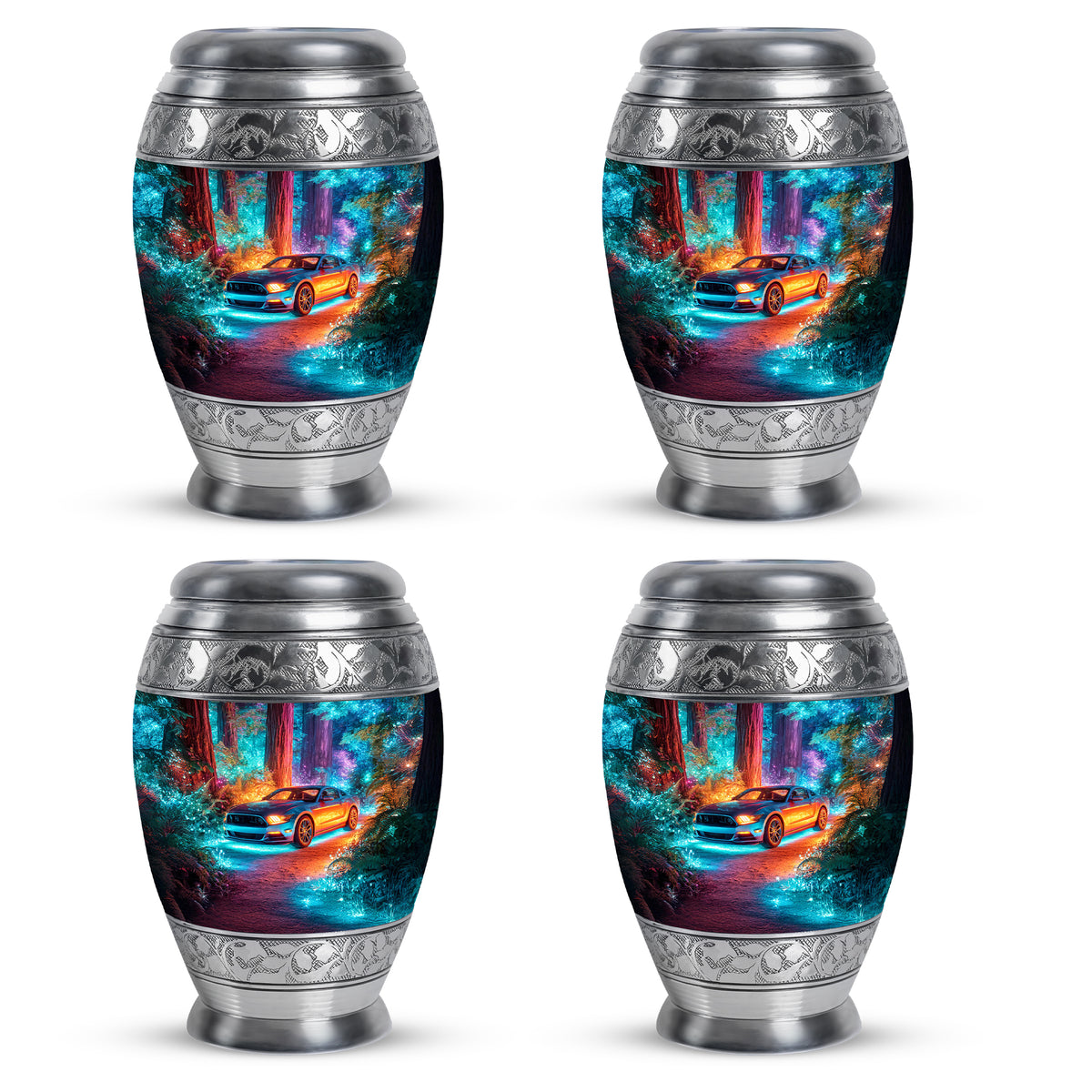 Slate Blue Car Cremation Urn urn with complimentary velvet bag - ornate monarch-style car relief on brushed aluminum - 10 inch aluminum urn for cremated remains
