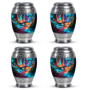 Slate Blue Car Cremation Urn urn with complimentary velvet bag - ornate monarch-style car relief on brushed aluminum - 10 inch aluminum urn for cremated remains