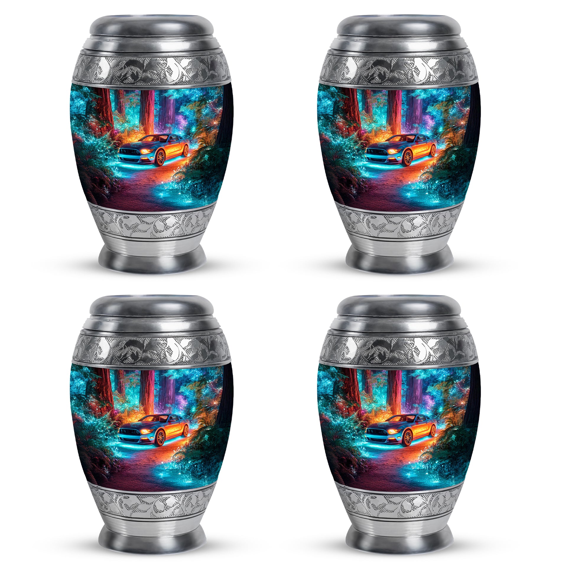 Slate Blue Car Cremation Urn urn with complimentary velvet bag - ornate monarch-style car relief on brushed aluminum - 10 inch aluminum urn for cremated remains