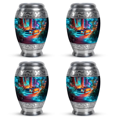 Slate Blue Car Cremation Urn urn with complimentary velvet bag - ornate monarch-style car relief on brushed aluminum - 10 inch aluminum urn for cremated remains