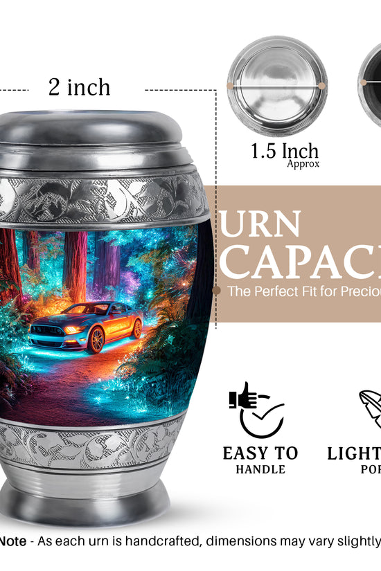 Cobalt Blue Car Cremation Urn lifestyle display on memorial shelf - royal car engraving with decorative scrollwork - mini keepsake memorial for portion of cremation ashes