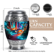 Cobalt Blue Car Cremation Urn lifestyle display on memorial shelf - royal car engraving with decorative scrollwork - mini keepsake memorial for portion of cremation ashes
