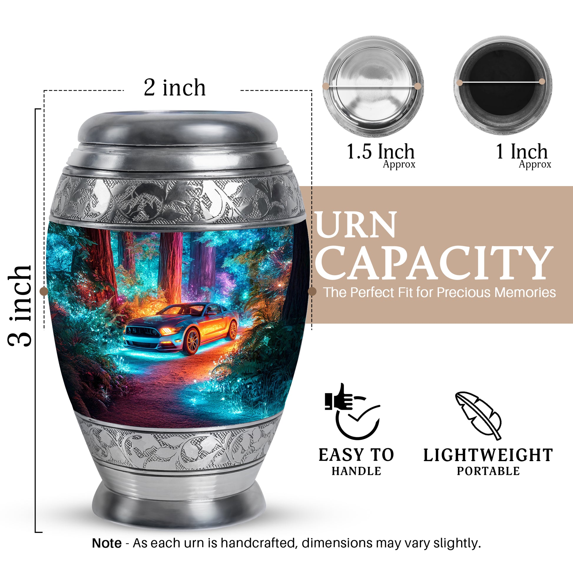 Cobalt Blue Car Cremation Urn lifestyle display on memorial shelf - royal car engraving with decorative scrollwork - mini keepsake memorial for portion of cremation ashes