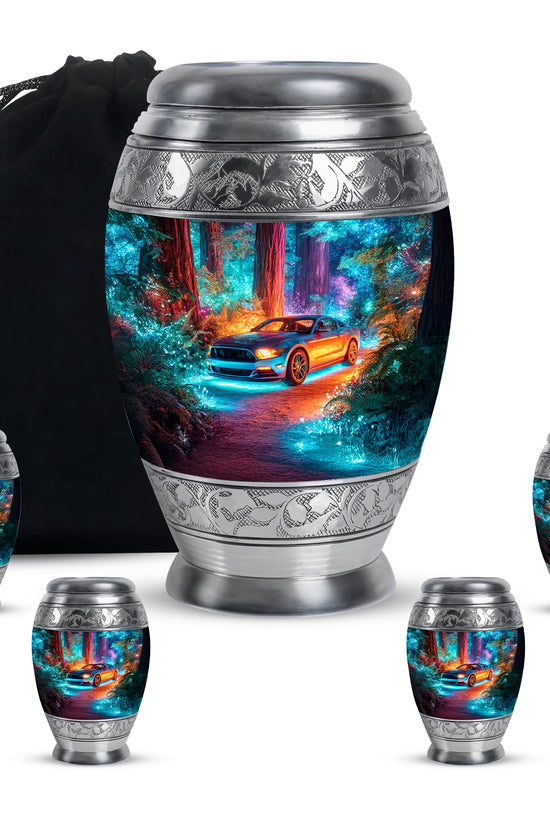 Sky Blue Car Cremation Urn detail view - ornate monarch-style car relief on brushed aluminum - memorial set with one large and four small urns