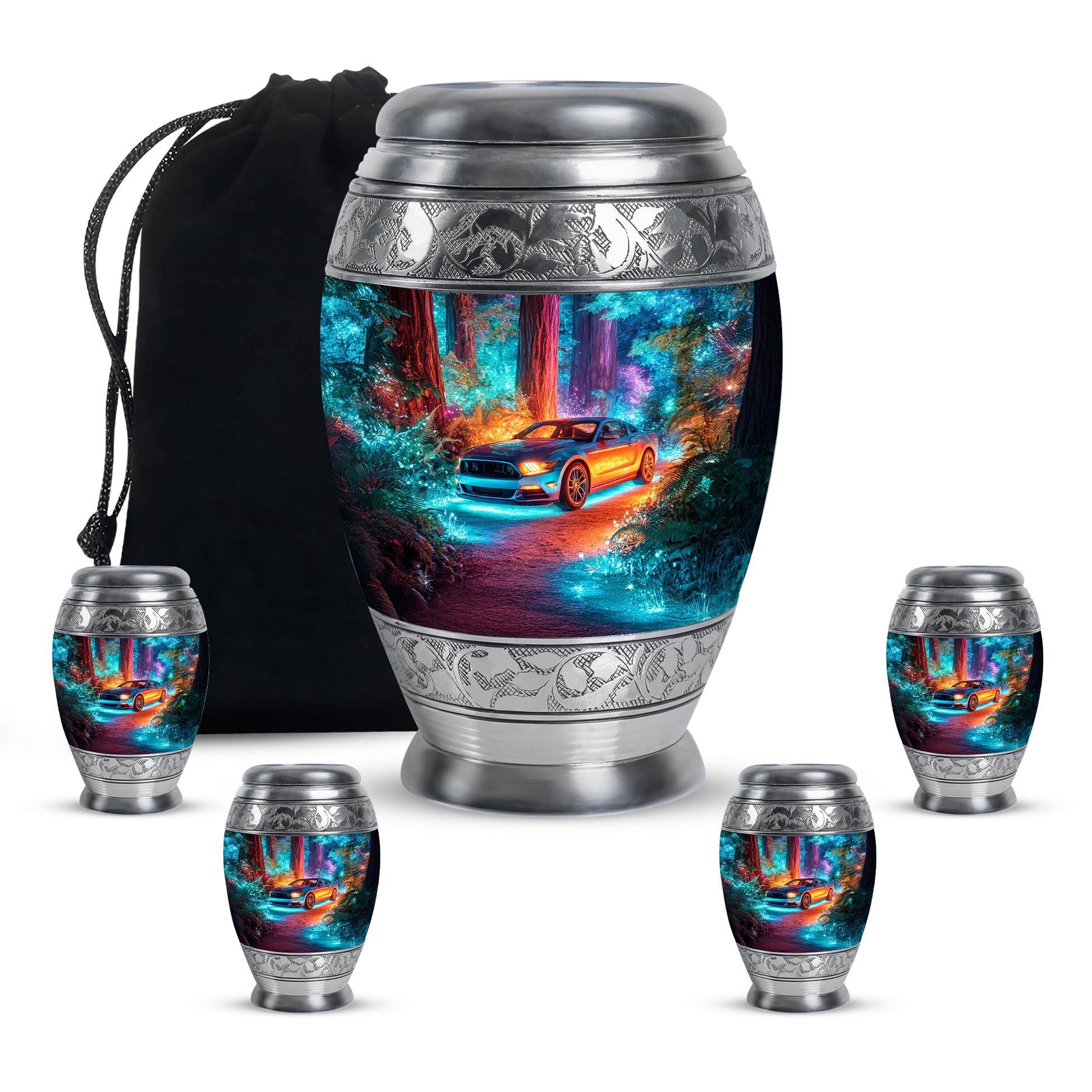 Sky Blue Car Cremation Urn detail view - ornate monarch-style car relief on brushed aluminum - memorial set with one large and four small urns
