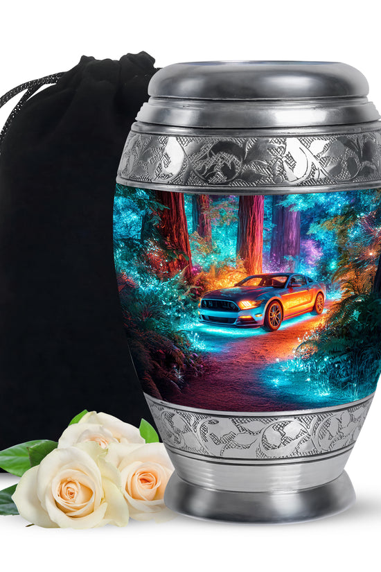 Sapphire Blue Car Cremation Urn back view with polished surface - royal car engraving with decorative scrollwork - full-size 10 inch 200 cubic inch adult cremation urn