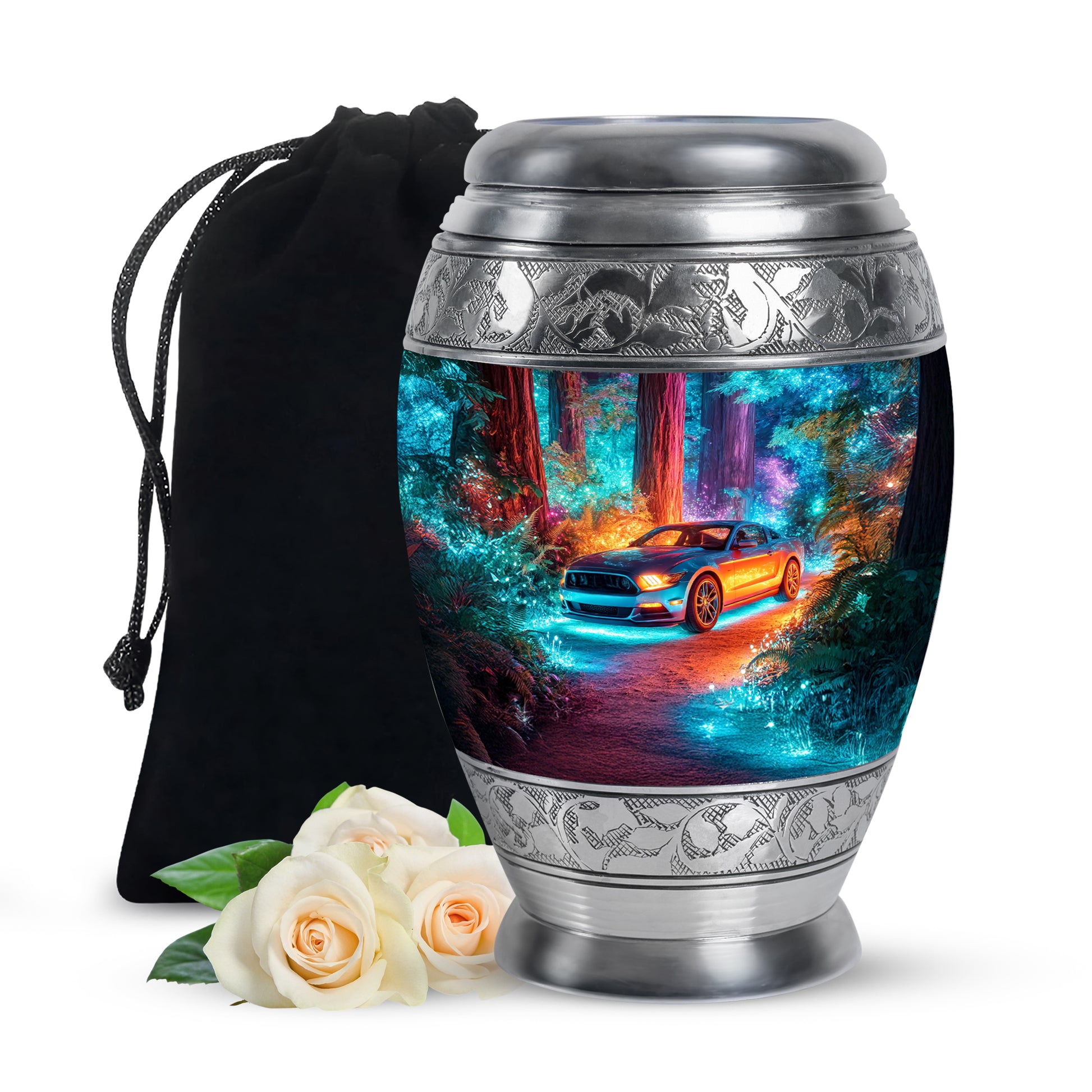 Sapphire Blue Car Cremation Urn back view with polished surface - royal car engraving with decorative scrollwork - full-size 10 inch 200 cubic inch adult cremation urn