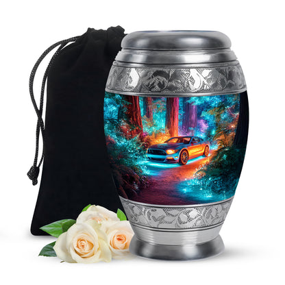 Sapphire Blue Car Cremation Urn back view with polished surface - royal car engraving with decorative scrollwork - full-size 10 inch 200 cubic inch adult cremation urn