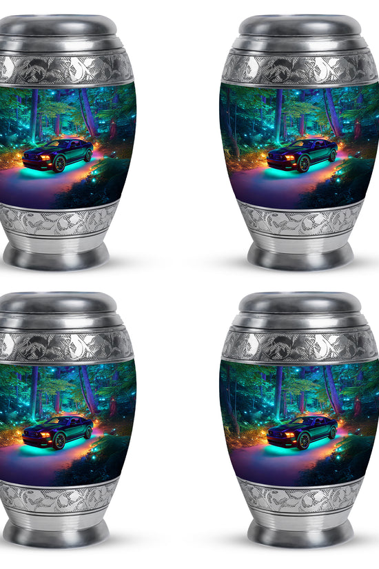 Twilight Blue Car Cremation Urn urn with complimentary velvet bag - majestic car pattern with filigree border - 10 inch aluminum urn for cremated remains