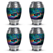 Twilight Blue Car Cremation Urn urn with complimentary velvet bag - majestic car pattern with filigree border - 10 inch aluminum urn for cremated remains