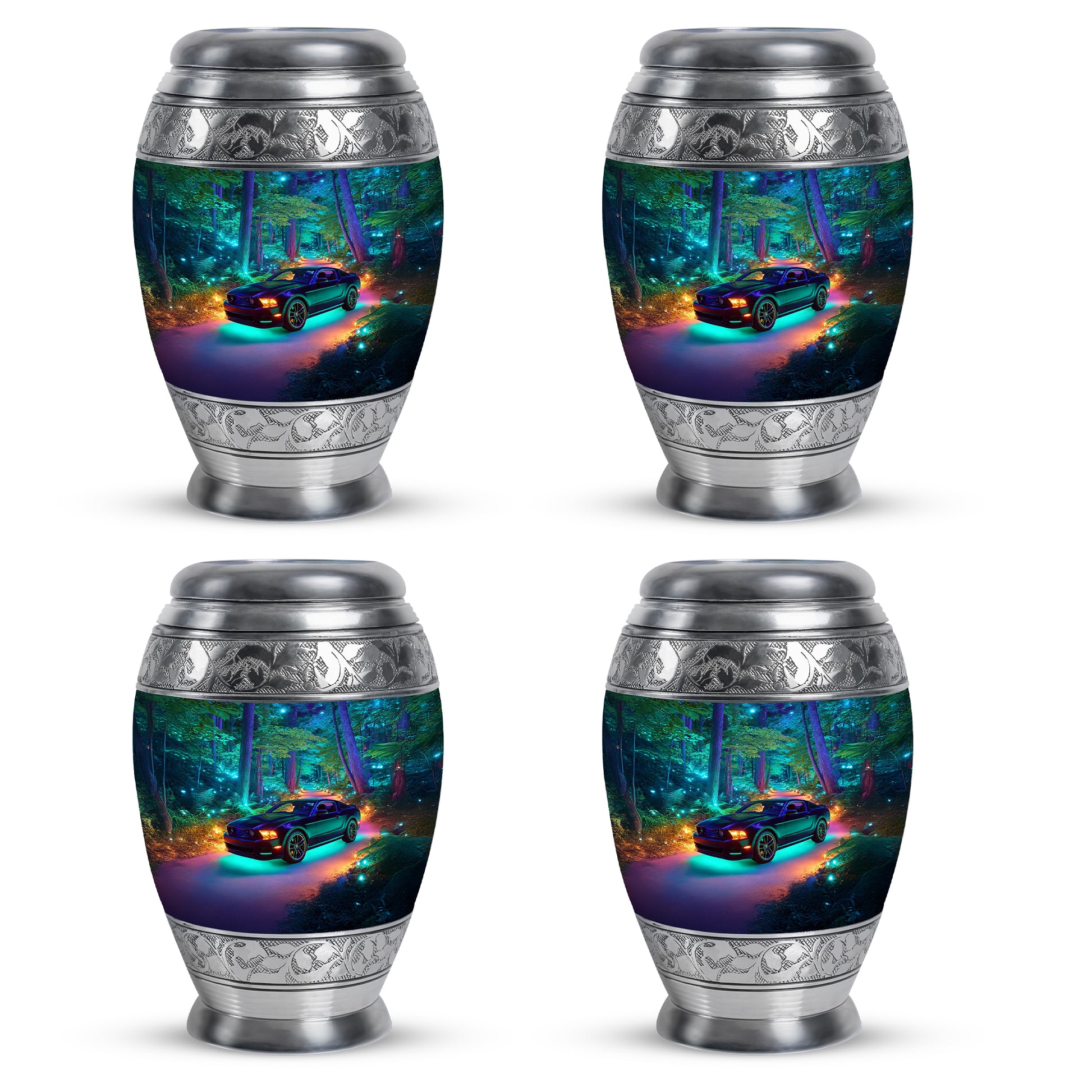 Twilight Blue Car Cremation Urn urn with complimentary velvet bag - majestic car pattern with filigree border - 10 inch aluminum urn for cremated remains