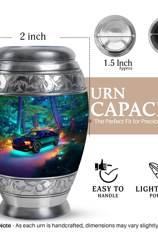 Cobalt Blue Car Cremation Urn lifestyle display on memorial shelf - royal car engraving with decorative scrollwork - mini keepsake memorial for portion of cremation ashes