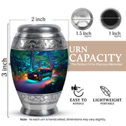 Cobalt Blue Car Cremation Urn lifestyle display on memorial shelf - royal car engraving with decorative scrollwork - mini keepsake memorial for portion of cremation ashes
